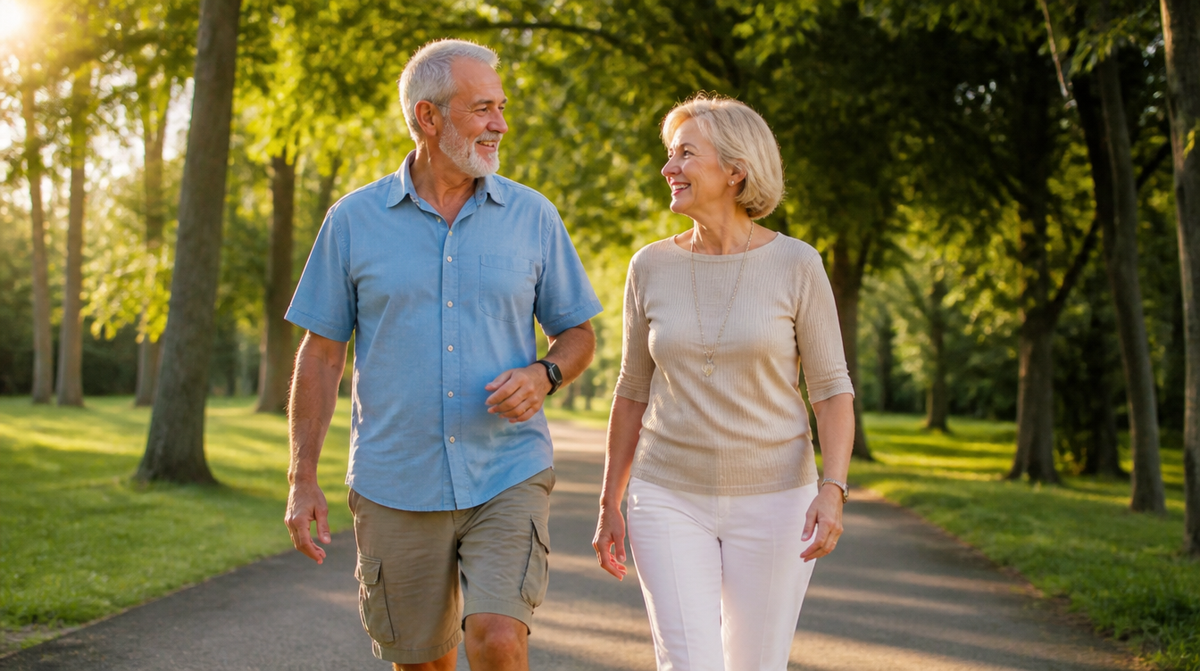 Older couple walking together along a park path