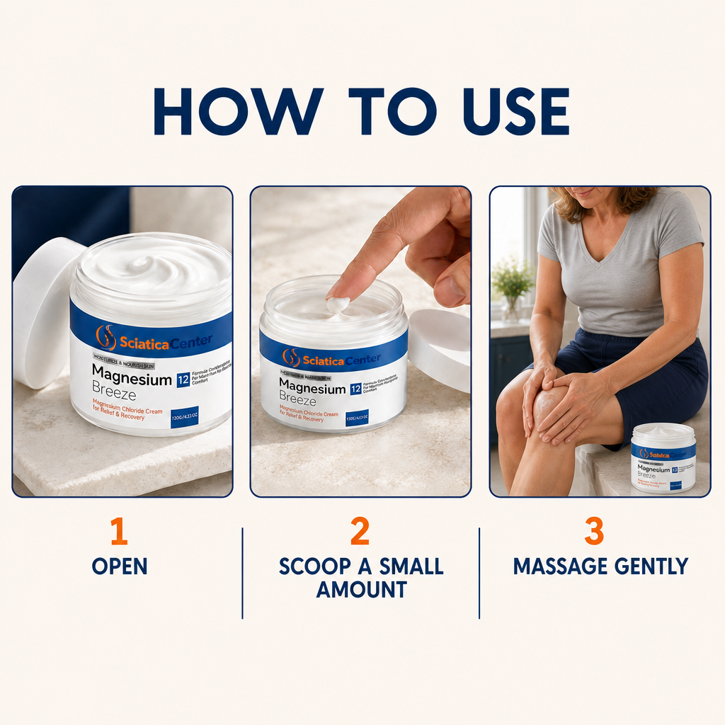 Three steps for using the cream on the knee: open, scoop a small amount, massage gently