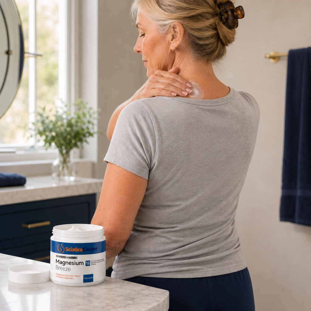 Adult gently massaging SciaticaCenter cream into the back of the neck and shoulder