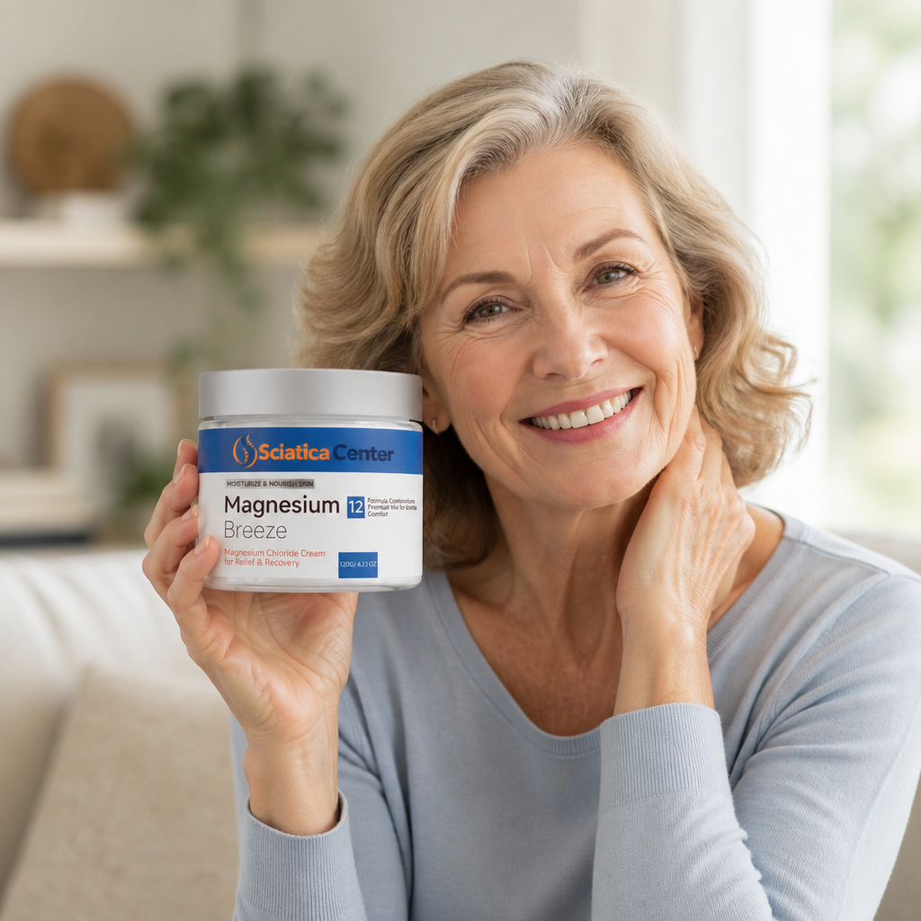 Woman holding the Magnesium Breeze cream jar near her neck
