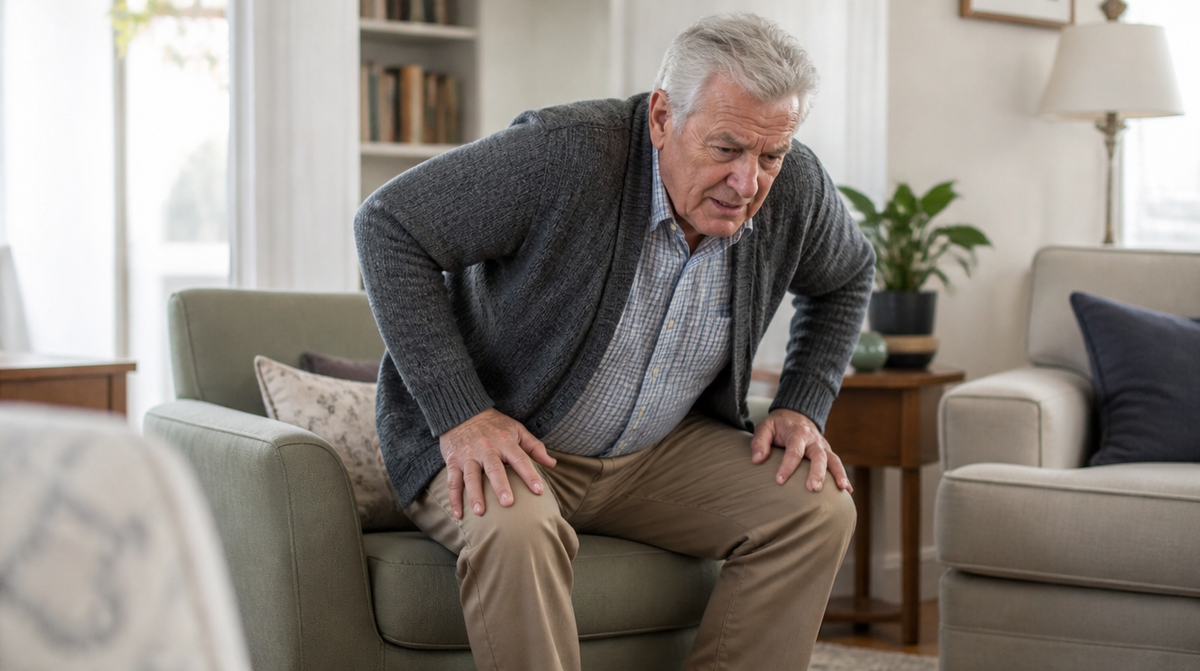 Man pushing himself up out of an armchair with his hands on his knees