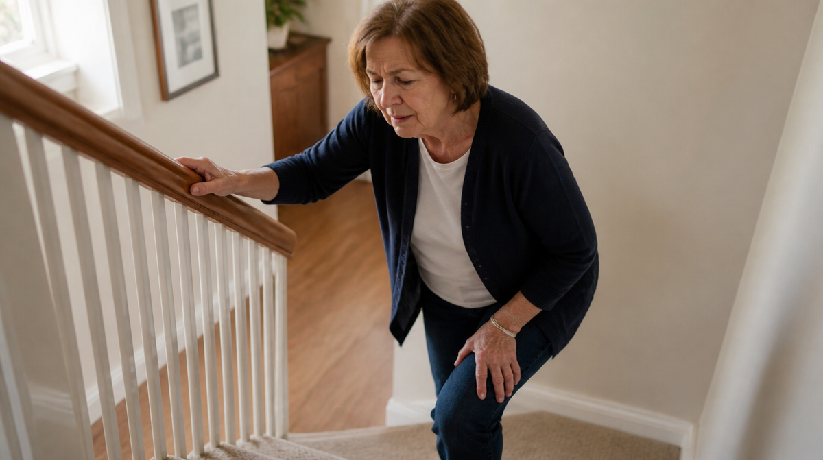 Woman pausing on the stairs with a hand on her knee