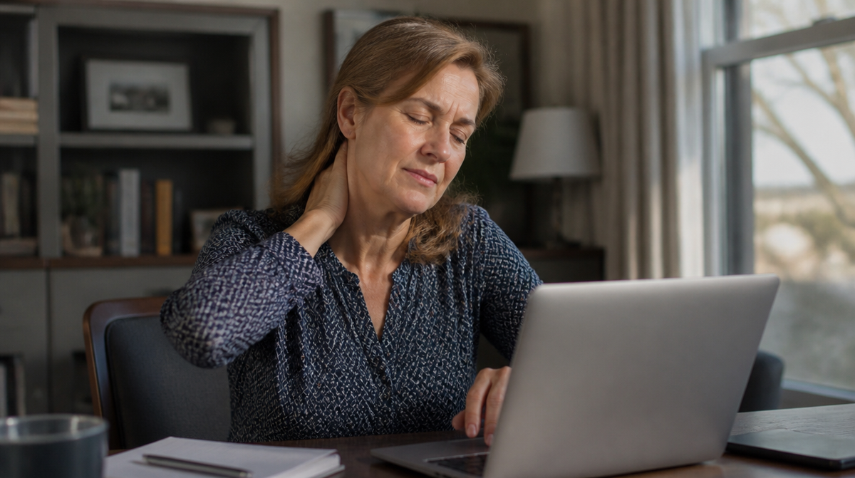 Woman at a laptop rubbing the back of her neck