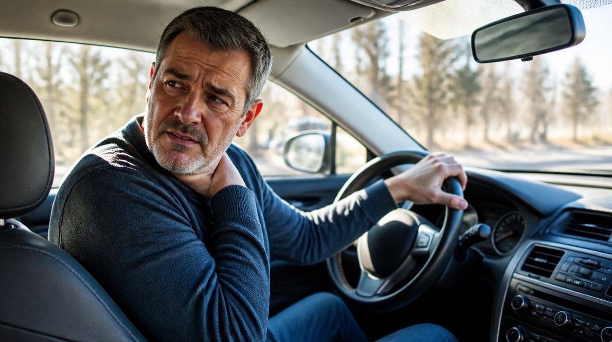Driver holding his neck while trying to look over his shoulder