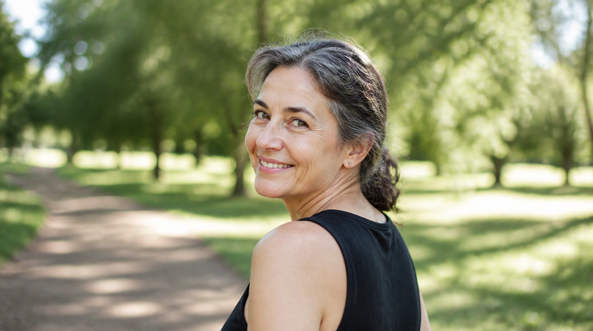 Woman turning her head easily to look over her shoulder
