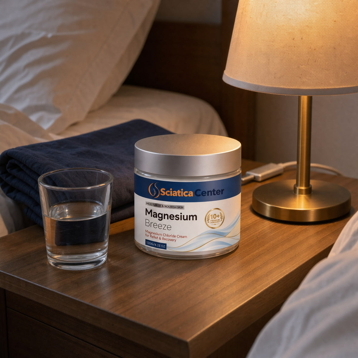 Magnesium Breeze Gold on a nightstand by lamplight