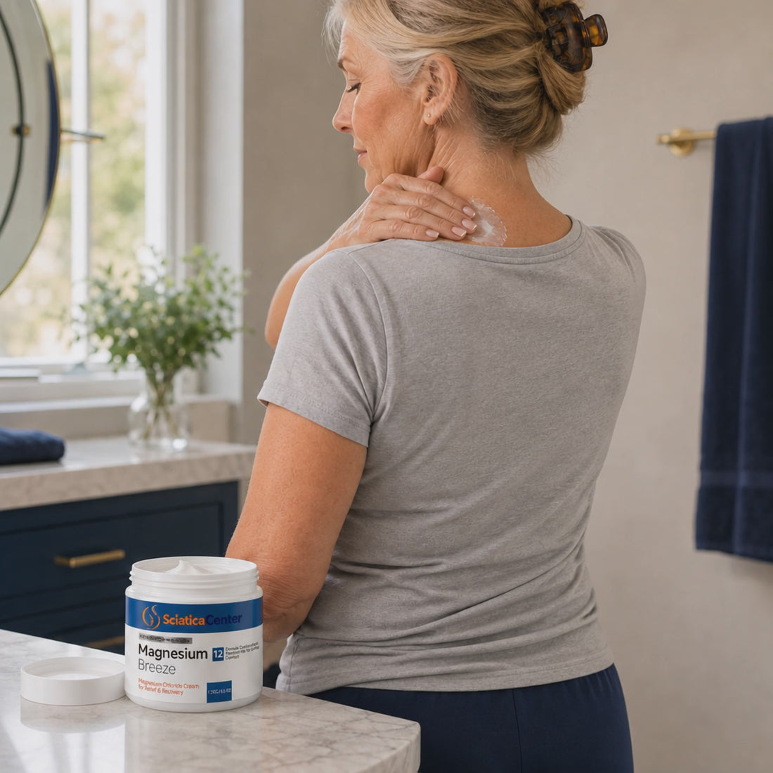 Woman massaging the cream into the back of her neck