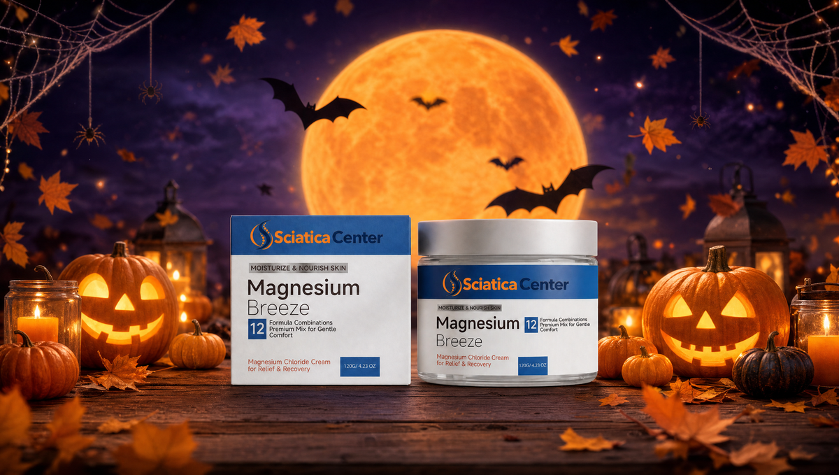 Sciatica Center Magnesium Breeze jar and box in a Halloween scene with pumpkins and a full moon