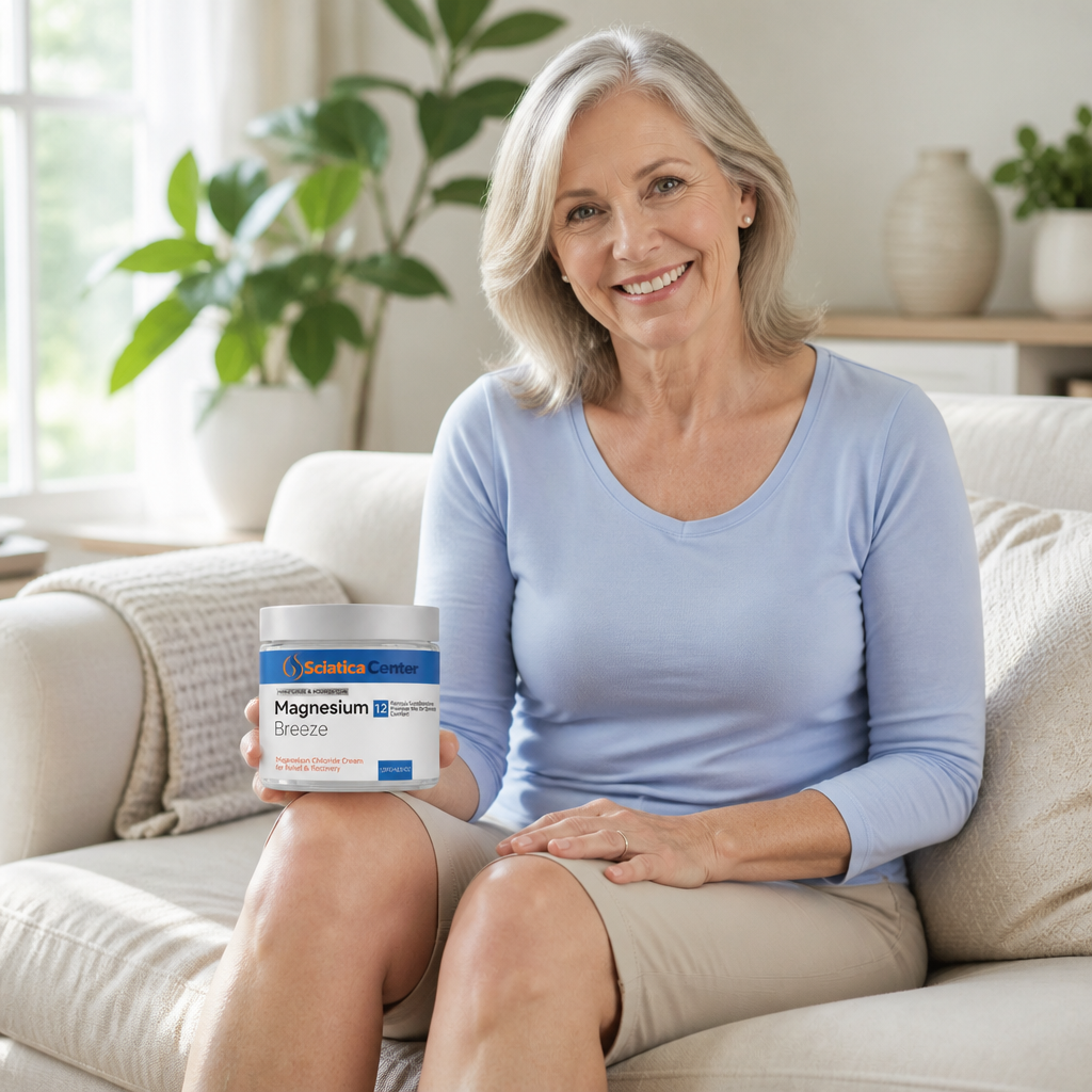 Woman holding the Magnesium Breeze cream jar next to her knee
