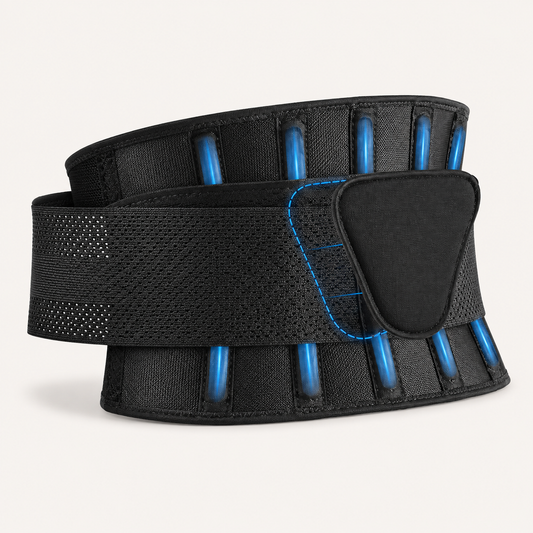 Black adjustable lumbar support back brace with blue support stays